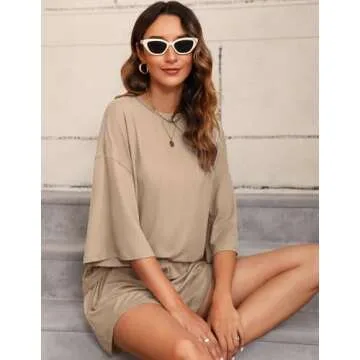 Cnlinkco Womens Knit Lounge Set 3/4 Sleeve Top and Shorts Sleepwear Pajama Set Two Piece Shorts Outfits Set