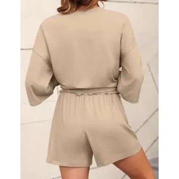 Cnlinkco Womens Knit Lounge Set 3/4 Sleeve Top and Shorts Sleepwear Pajama Set Two Piece Shorts Outfits Set