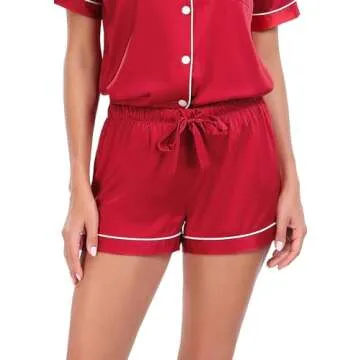 Serenedelicacy Women's Satin Pajama Set 2-Piece Sleepwear Loungewear Button Down Short Sleeve Silky PJ Set (Medium, Red)