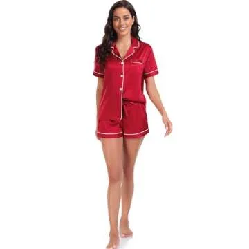 Serenedelicacy Women's Satin Pajama Set 2-Piece Sleepwear Loungewear Button Down Short Sleeve Silky PJ Set (Medium, Red)
