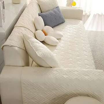 vctops Geometric Quilted Sofa Cover Cotton Sectional Couch Covers Anti Slip L Shape Couch Cover for Kids Dog, Armrest Backrest Loveseat Furniture Protector, 1 Piece/Not All Set (Beige,27"x27")