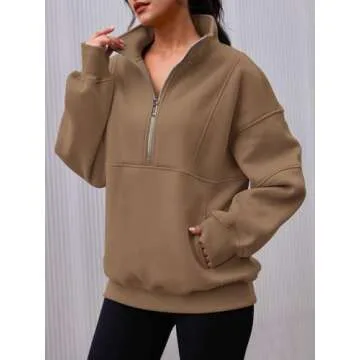 AUTOMET Women's Half Zip Oversized Sweatshirts Fleece Pullover Long Hoodies Casual Mock Turtleneck Sweaters with Pockets Coffee L