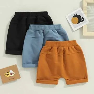 Baby Boys' Toddler 3-Pack Pull-on Jogger Shorts Knit Shorts Classic Fit Elastic Waist Shorts Kids Multipacks Pants (Blue Brown Black, 6-12 Months)