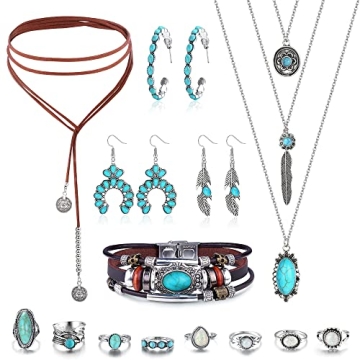 Jstyle Western Jewelry for Women Bohemian Turquoise Earrings Necklace Bracelet Set Boho Dangle Earri...