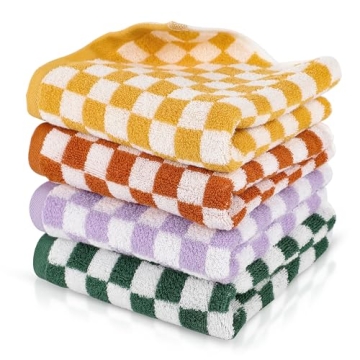 Sawowkuya 4 Pcs Hand Towels Checkered, 100% Cotton Bathroom Towels Checkered Towel Set, Soft Absorbe...