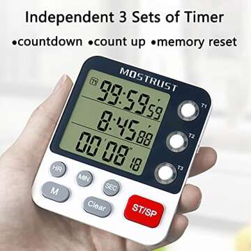 MOSTRUST Digital Dual Kitchen Timer, 3 Channels Count UP/Down Timer, Cooking Timer, Large Display Tr...