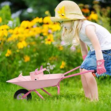 Altdorff Kids Wheelbarrow Set Metal, Child Wheel Barrel Pink Easy to Assemble and Kids Gardening Tools Kit, Garden Toys with Small Wheel Barrow, Outdoor Indoor Toys Gift for Girls