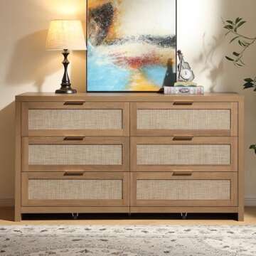 SICOTAS Rattan Dresser for Bedroom, 56.9" Wide 6 Drawer Dresser with Ample Storage, Dressers Large C...