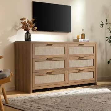 SICOTAS Rattan Dresser for Bedroom, 56.9" Wide 6 Drawer Dresser with Ample Storage, Dressers Large Chest of Drawers, Closet, Boho TV Stand for Bedroom (Reclaimed Caramel Oak, 1 Piece)
