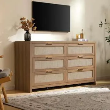SICOTAS Rattan Dresser for Bedroom, 56.9" Wide 6 Drawer Dresser with Ample Storage, Dressers Large Chest of Drawers, Closet, Boho TV Stand for Bedroom (Reclaimed Caramel Oak, 1 Piece)