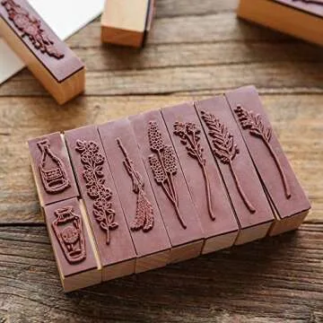 Dizdkizd 8 Pieces Vintage Wooden Rubber Stamps, Plant & Flower Decorative Mounted Rubber Stamp Set for DIY Craft, Letters Diary and Craft Scrapbooking