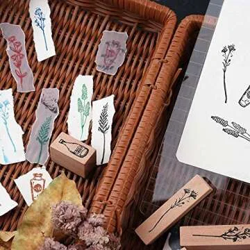 Dizdkizd 8 Pieces Vintage Wooden Rubber Stamps, Plant & Flower Decorative Mounted Rubber Stamp Set for DIY Craft, Letters Diary and Craft Scrapbooking