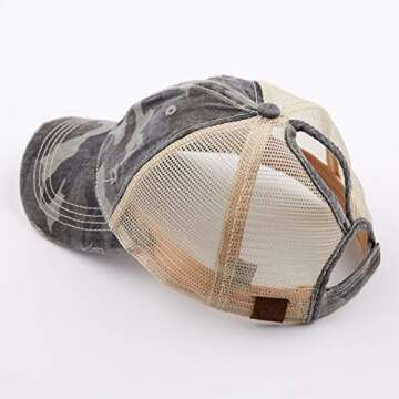 C.C Exclusives Hatsandscarf Washed Distressed Cotton Denim Ponytail Hat Adjustable Baseball Cap (BT-15) (Dk. Grey/Camo)