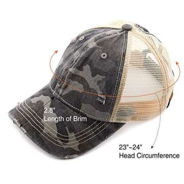 C.C Exclusives Hatsandscarf Washed Distressed Cotton Denim Ponytail Hat Adjustable Baseball Cap (BT-15) (Dk. Grey/Camo)