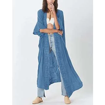 Bsubseach Embroidery Bathing Suit Cover Ups for Women Half Sleeve Beach Kimono Swimsuit Coverup Blue