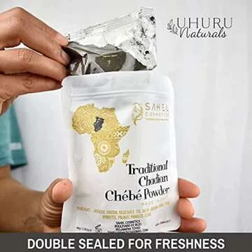 Uhuru Naturals Sahel Cosmetics Chebe Powder - Contains All-Natural Ingredients Promotes Strong and Healthy Hair Growth Helps Prevent Breakage Formulated for Dry Kinky Hair