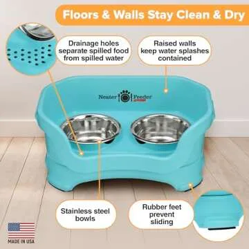 Neater Feeder Deluxe Mess Proof Dog Bowls Elevated for Small Breeds – Made in USA – No Spill Raised Dog Food Bowl Stand – Stainless Steel Dog Food and Water Bowl Set – Non-Tip & Non-Skid – Teal