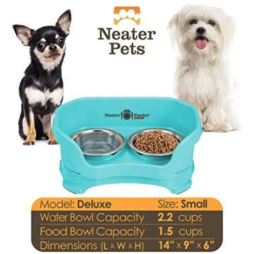 Neater Feeder Deluxe Mess Proof Dog Bowls Elevated for Small Breeds – Made in USA – No Spill Raised Dog Food Bowl Stand – Stainless Steel Dog Food and Water Bowl Set – Non-Tip & Non-Skid – Teal