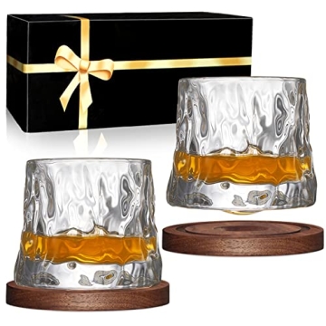BOLESTA Whiskey Glasses Set of 2, Rotatable Tumbler Crystal Glass Cups, Drinking Glasses with 2Pcs C...