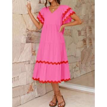 ZESICA Womens 2024 Summer Casual Midi Dress V Neck Flutter Short Sleeve Ruffle Tiered A Line Flowy B...