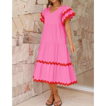 ZESICA Womens Summer Casual Midi Dress V Neck Flutter