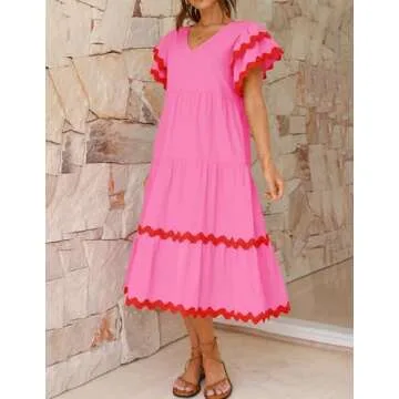 ZESICA Womens Summer Casual Midi Dress V Neck Flutter