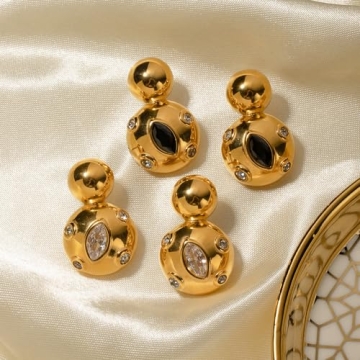 Double Layer Earrings Collection Square Zirconia Earrings 18k Gold Stainless Steel Chain Earrings Double Layer Orb Drop Earrings for Women, Lightweight Non-Fading Hypoallergenic Earrings (Double Ball Earrings with White Drops)