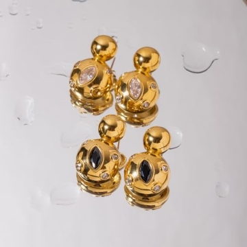 Double Layer Earrings Collection Square Zirconia Earrings 18k Gold Stainless Steel Chain Earrings Double Layer Orb Drop Earrings for Women, Lightweight Non-Fading Hypoallergenic Earrings (Double Ball Earrings with White Drops)