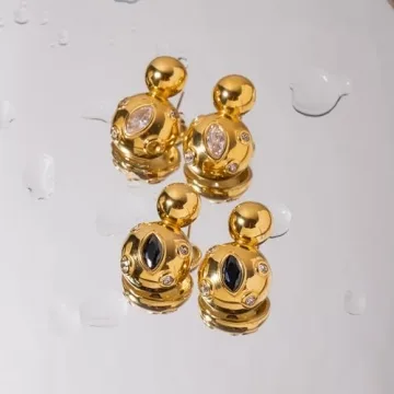 Double Layer Earrings Collection Square Zirconia Earrings 18k Gold Stainless Steel Chain Earrings Double Layer Orb Drop Earrings for Women, Lightweight Non-Fading Hypoallergenic Earrings (Double Ball Earrings with White Drops)