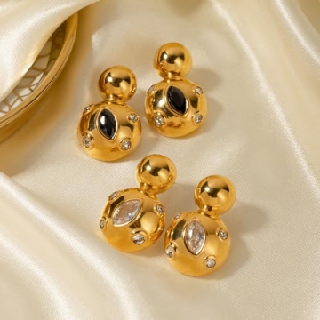 Double Layer Earrings Collection Square Zirconia Earrings 18k Gold Stainless Steel Chain Earrings Double Layer Orb Drop Earrings for Women, Lightweight Non-Fading Hypoallergenic Earrings (Double Ball Earrings with White Drops)