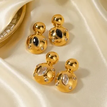 Double Layer Earrings Collection Square Zirconia Earrings 18k Gold Stainless Steel Chain Earrings Double Layer Orb Drop Earrings for Women, Lightweight Non-Fading Hypoallergenic Earrings (Double Ball Earrings with White Drops)