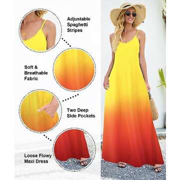 Wolddress Womens 2025 Casual Sleeveless Sundress Plus Size Loose Plain Long Summer Beach Maxi Dress with Pockets Gradient-Yellow Orange M