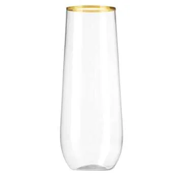 Munfix 48 Pack Stemless Plastic Champagne Flutes Disposable 9 Oz Gold Rim Clear Plastic Toasting Gla...