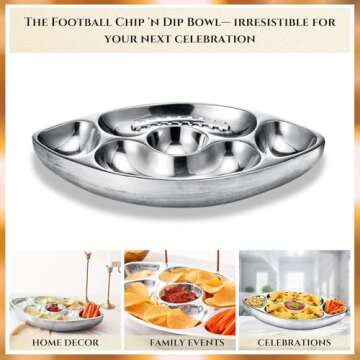 Football Tailgate Superbowl Serving Bowl Silver Brass Snack, Candy & Salad Bowl, Chip n Dip American...