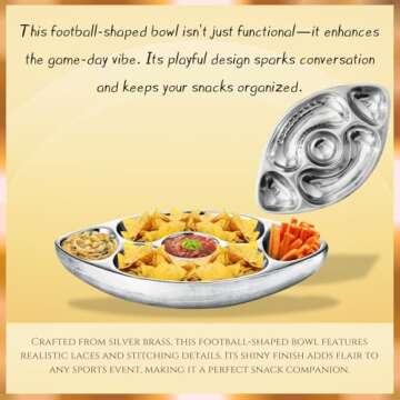 Football Tailgate Superbowl Serving Bowl Silver Brass Snack, Candy & Salad Bowl, Chip n Dip American Sports Decorative Centerpiece Serving Platter for Nuts, Salsas, Food, Serveware Decor Entertaining