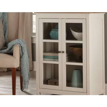 Savannah Pie Safe Cabinet with 2 Glass Doors, Ivory w/ Natural Wood Top | Coastal, Farmhouse Living Room Storage | Pine, Composite Wood | Wipe Clean |30"W x 16"D x 40"H