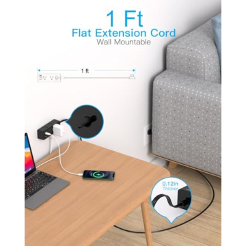 1Ft Extension Cord with Multiple Outlets, Flat Plug Power Strip Surge Protector with 1 Ft Cord, 6 Ou...