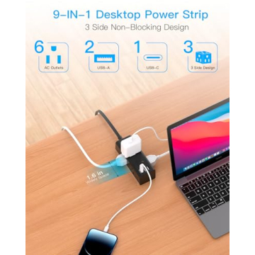 Compact 1Ft Flat Plug Power Strip with USB Ports