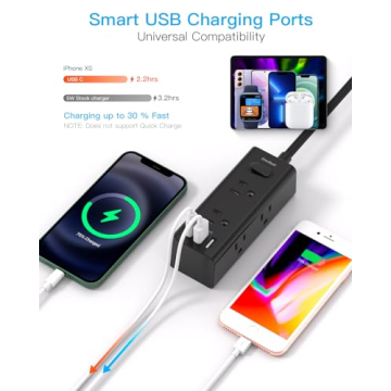 Compact 1Ft Flat Plug Power Strip with USB Ports