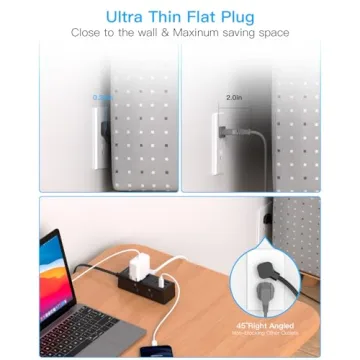 Compact 1Ft Flat Plug Power Strip with USB Ports