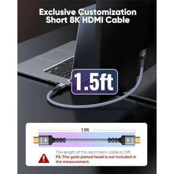 Highwings Short 8K HDMI Cable 1.5FT/0.5M 48Gbps, Ultra High Speed HDMI Braided Cord-4K@120Hz, 8K@60Hz,eARC,DTS-HD,12 Bit Color Compatible for PS5,Monitor,PC and More