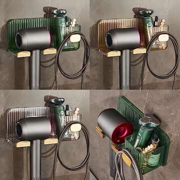 DASITON Hair Dryer Holder Wall Mounted,Hair Dryer Holder,Bathroom Blow Dryer Stand Storage,Vanity Organizer for Accessories,Towel Rack,Makeup,Curling Irons,and Toiletries（Clear Green）