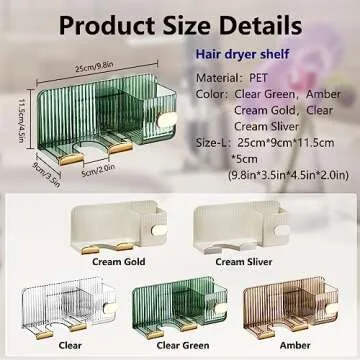 DASITON Hair Dryer Holder Wall Mounted,Hair Dryer Holder,Bathroom Blow Dryer Stand Storage,Vanity Organizer for Accessories,Towel Rack,Makeup,Curling Irons,and Toiletries（Clear Green）