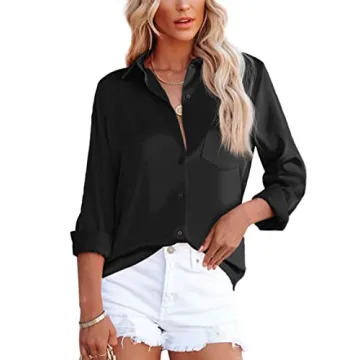 Diosun Womens Button Down Shirts V Neck Satin Casual Long Sleeve Plain Blouses Office Work Tops with...