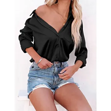 Diosun Womens V Neck Button Down Shirts - Chic Office Casual Tops