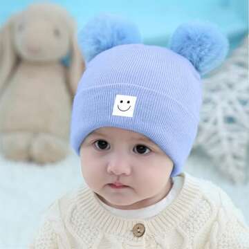 Baby Beanie Hat Toddler Infant Winter Knitted Hat Kids Soft Warm Pom Pom Beanie Cap for Boys Girls (0-6 Months, Blue)