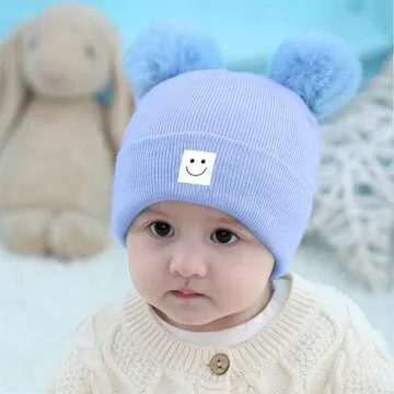Baby Beanie Hat Toddler Infant Winter Knitted Hat Kids Soft Warm Pom Pom Beanie Cap for Boys Girls (0-6 Months, Blue)