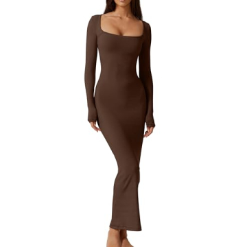 QINSEN Womens Soft Lounge Long Sleeve Dress Ribbed Bodycon Full Length Dresses Brown S