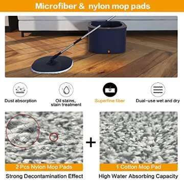 Flat Floor Mop and Bucket System Set with Wringer, Spin Mop and Bucket Separate Clean and Dirty Water with Self Separation for Hardwood, Laminate, Tile, Floor Cleaning, Wet and Dry Use, Navy Blue