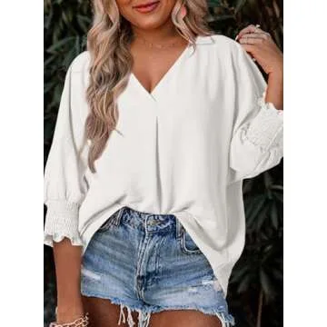 Dokotoo Womens Summer Tops 2025 Fashion V Neck Short Sleeve Shirts Business Casual Outfits 3/4 Sleeve Tops Dressy Blouses Plus Size Tops Tunics Tops Loose Fit White Blouses for Women's Clothing M